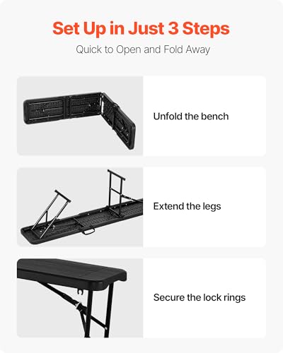 Black 6ft Plastic Folding Bench for Outdoor Camping & Picnics - Portable & Stable