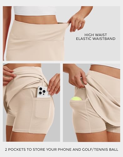 Medium Khaki 15 Inch Golf Skorts for Women with Pockets High Waist Athletic Skirt