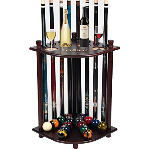 Mahogany Floor Pool Cue Holder Stand for 8 Cues and Accessories