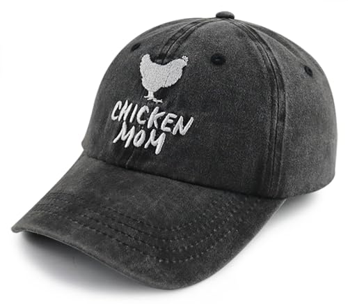 Chicken Mom Hat Black One Size Adjustable Cotton Embroidered Farm Cap