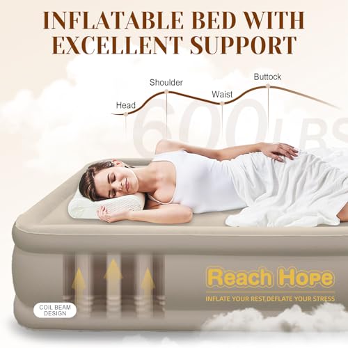 Khaki Full-Size Air Mattress with Built-In Pump 18-Inch Self-Inflating Bed