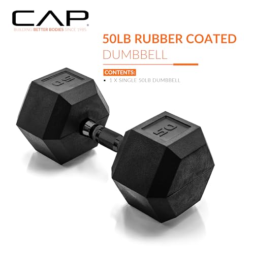 CAP 50 lb Black Rubber Coated Hex Dumbbell - Anti-Roll, Comfort Grip Handles