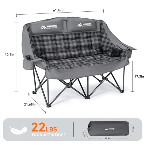 Huskfirm Grey Padded Double Camping Chair with High Back & Cooler, 2 Person
