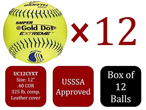 Worth 12-Inch Gold Dot Extreme Slowpitch Softballs USSSA Approved, Composite Leather Cover, 12 Pack