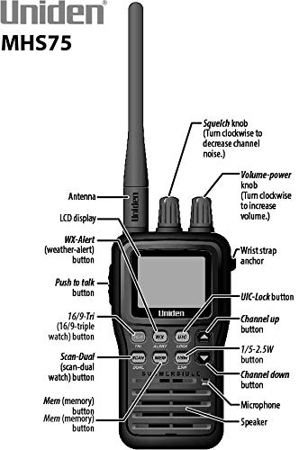 Uniden Waterproof Handheld Marine Radio, VHF 2-Way with NOAA Weather, Submersible & 3 Watt Transmit