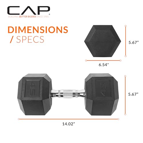 CAP Rubber Coated Hex Dumbbell - 45 lb Chrome Handle Anti-Roll Weights
