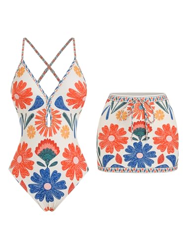 Women's One Piece Swimsuit with Skirt - V Neck Colorblock Bathing Suit
