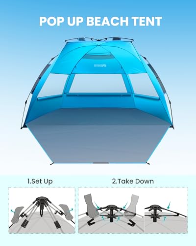 Extra Large OutdoorPop Up Beach Tent Sun Shelter for 3-4 People Blue