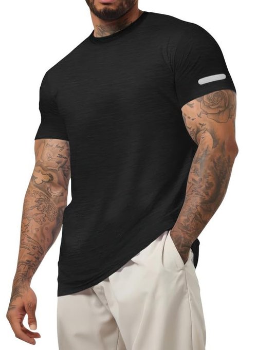 JVVOO Men's Muscle Slim Fit T-Shirt Workout Athletic Reflective Short Sleeve Tees Shirts for Night Running & Gym Black L
