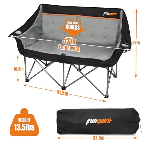 FUNYAKIT Black & Grey Heavy Duty 2-Person Camping Chair Supports 650LBS