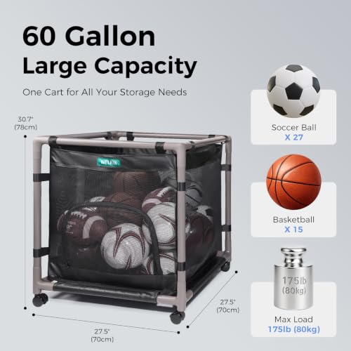 60 Gallon Ball Storage Cart with Wheels - Heavy-Duty Toy & Equipment Organizer