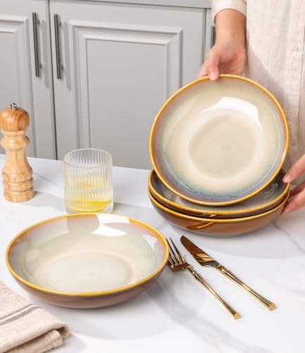 Ceramic Pasta Bowls Set of 4 - 9 Inch, 38oz Large Stoneware, Khaki