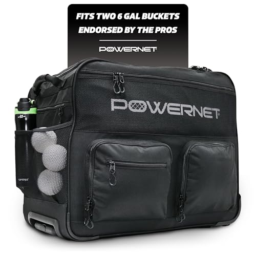 PowerNet Standard Baseball Bucket Bag with Wheels & Multiple Pockets — Holds 2 Buckets & Fits Launch F-Lite Pitching Machine