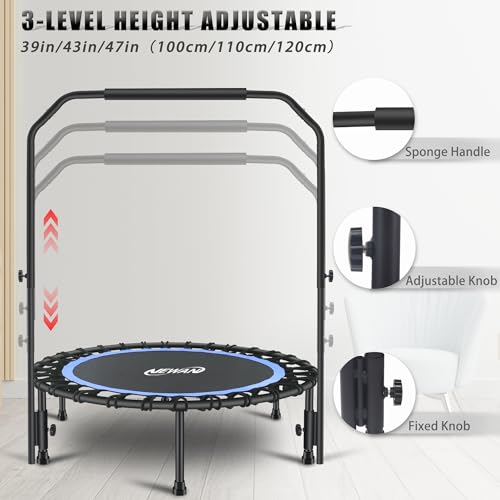 Blue 40-Inch Silent Mini Trampoline with Adjustable Handle Bar for Adults Fitness