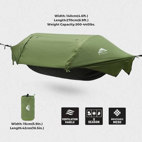 Rivenlo Green Camping Hammock Tent with Mosquito Net & Rainfly – 3-in-1 Lightweight Waterproof Outdoor Gear