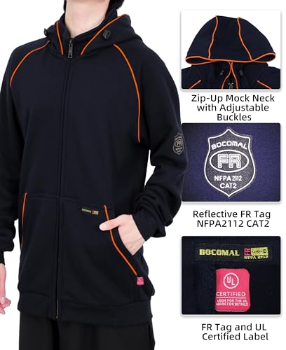 Medium Navy BOCOMAL FR Heavyweight Fleece Hooded Work Jacket with Zipper Front