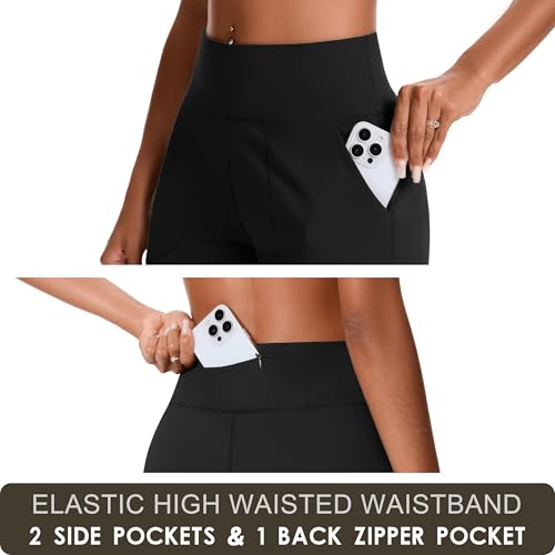Women’s Bermuda Shorts with Zipper Pocket High Waist Long Athletic Shorts - Large Black