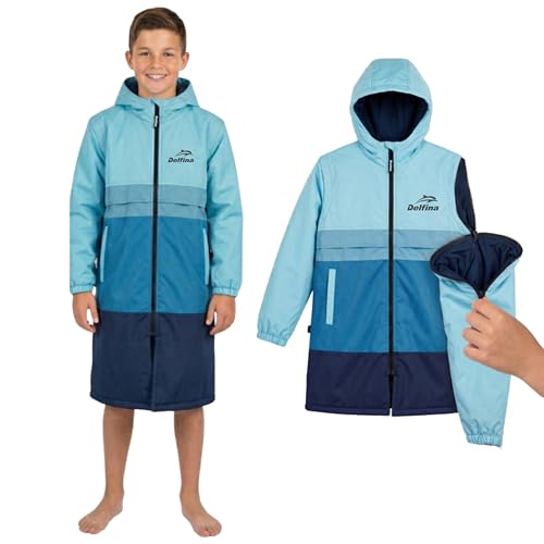 Delfina Kids Swim Parka for Ages 9-14, Water-Resistant Unisex Youth Jacket with Removable Sleeves & Hood, Blue