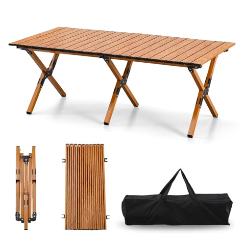 KAIHAOWIN 4Ft Aluminum Folding Camping Table with Wood Upgraded Finish, Portable Outdoor Picnic & Beach Table