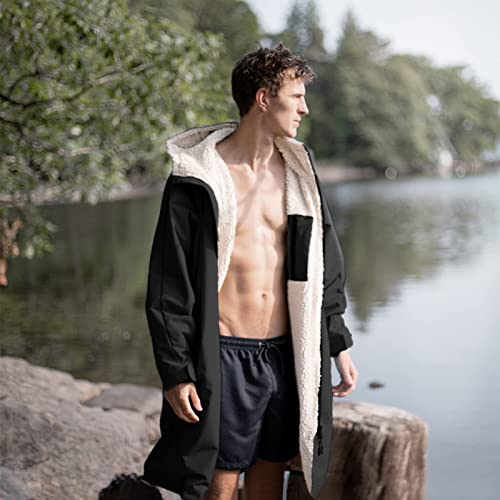Waterproof Swim Poncho with Sherpa Lining - Windproof Surf Parka, One Size, Black