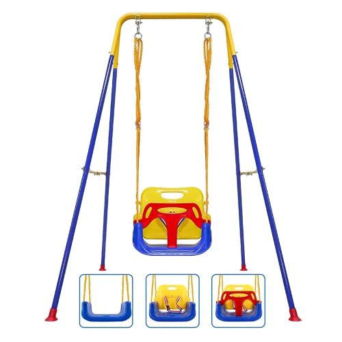 Blue Foldable Toddler Swing Set for Indoor & Outdoor Use with Safety Belt & Space-Saving Design