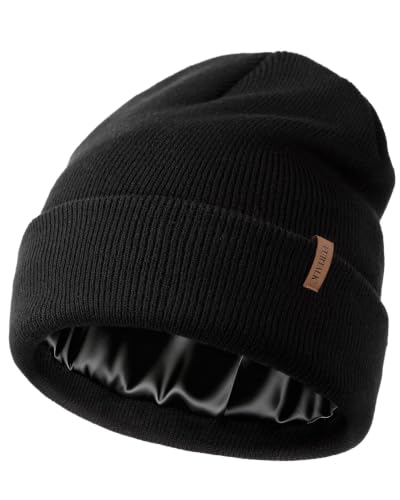 Black Satin Lined Beanie for Women Men Knit Winter Hat Warm Slouchy Skull Cap