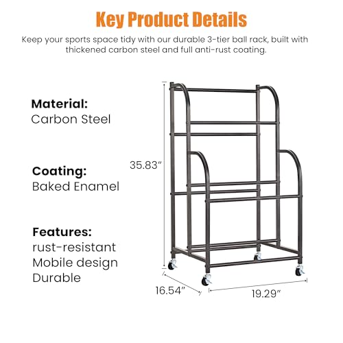 Ball Storage Rack with Wheels - Space-Saving Vertical Organizer for Basketball, Football, Soccer