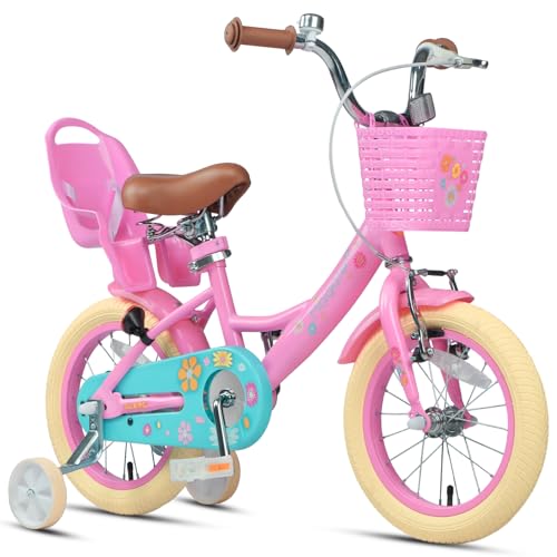 Pink 14 Inch Princess Kids Bike with Doll Seat & Basket - Girls Bicycle for 3-5 Years