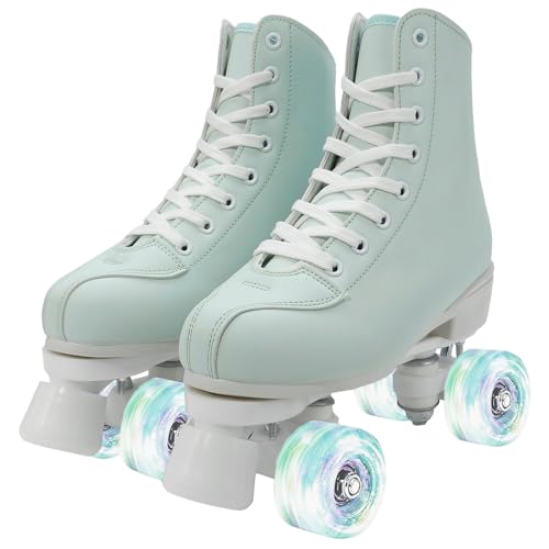 jessie Outdoor Roller Skates Women Adult with Light-Up Wheels, High Top PU Leather Skates with ABEC-7 Bearings for Indoor/Outdoor Skating, Ideal for Beginners(Green White, 39-24.5cm/9.55in)