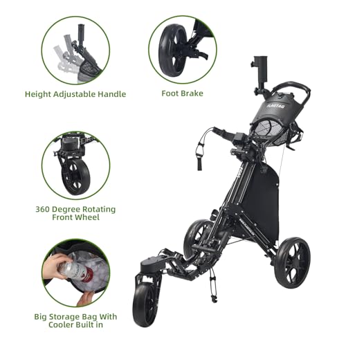 FLAGTAG Black 3-Wheel Golf Push Cart with Foldable Design & Swivel Front Wheel