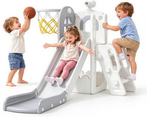 Babytronic Cream & Gray 6-in-1 Toddler Indoor & Outdoor Slide Playset for Kids 1-3