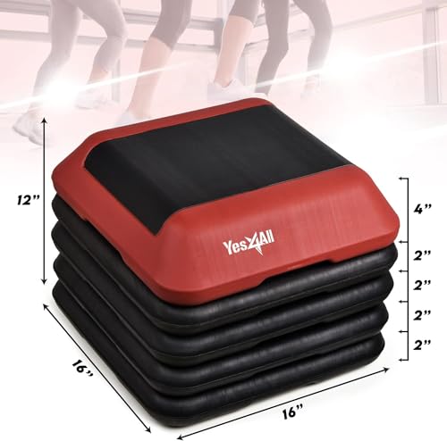 Adjustable 16x16 High Step Aerobic Platform with 4 Risers - Red/Black