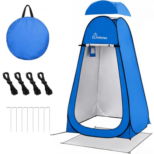 WolfWise PRO Pop Up Shower Tent with Silver Coating, Floor & Rain Fly - Blue, Tall 6'7"