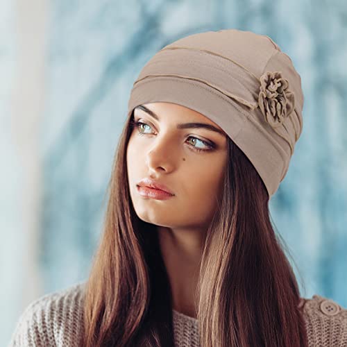 Chemo Turban Headwear for Women 4 Pack - Black, Gray, Khaki, Burgundy with Flower Design