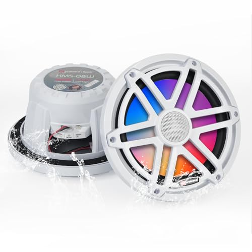 White 8 Inch Marine Waterproof Speakers with 7-Color LED - Pair, 1000W