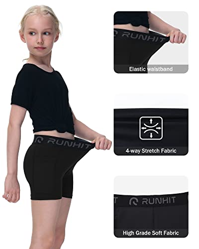 Youth Girls Volleyball Shorts with Pockets - Medium, Black - Spandex Compression Biker Dance Gymnastics