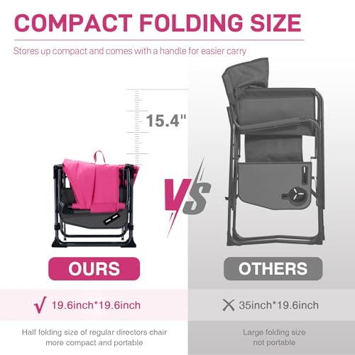 Pink Camping Directors' Chair with Side Table - Heavy Duty Portable Folding Lawn Chair, Supports 400lbs