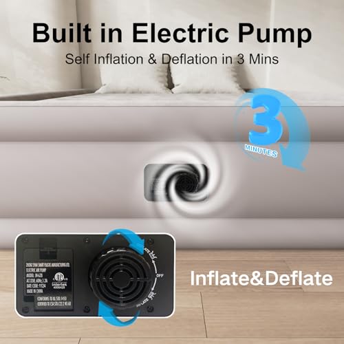 Khaki Full-Size Air Mattress with Built-In Pump 18-Inch Self-Inflating Bed