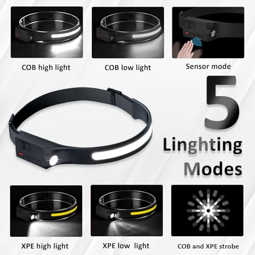 Rechargeable LED Headlamp with Motion Sensor - 3 Pack Black Ultra Bright Head Light