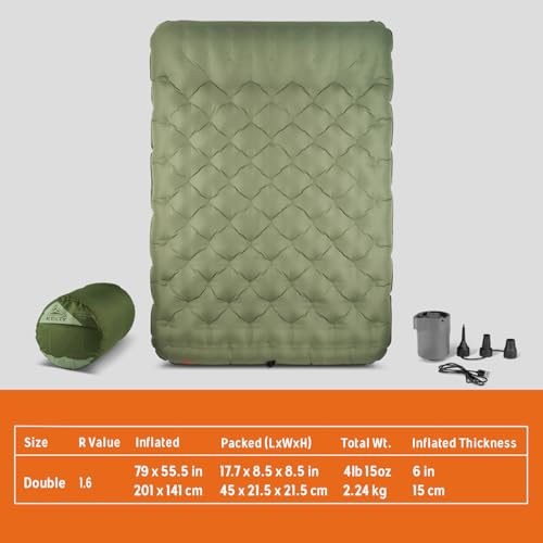 Kelty Sea Spray Kush Queen Air Bed with Battery Pump PVC-Free Camping Mattress