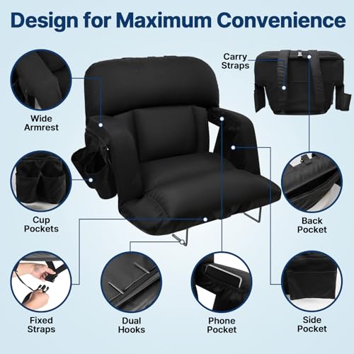 DEKEMASTER 23-Inch Stadium Seat with Back Support, Black, Foldable, Sofa-Style Comfort
