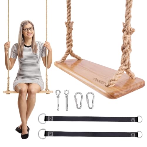 Premkid Raw Wood Hanging Tree Swing with Adjustable Hemp Rope & Tree Straps