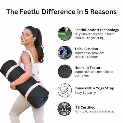Feetlu Black & Gray Extra Thick 10mm Yoga Mat 72x24 Non-Slip with Carry Strap