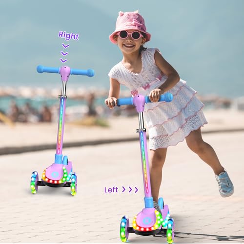 Kids Foldable 3-Wheel Scooter with LED Lights - Purple, Adjustable & Safe Ride
