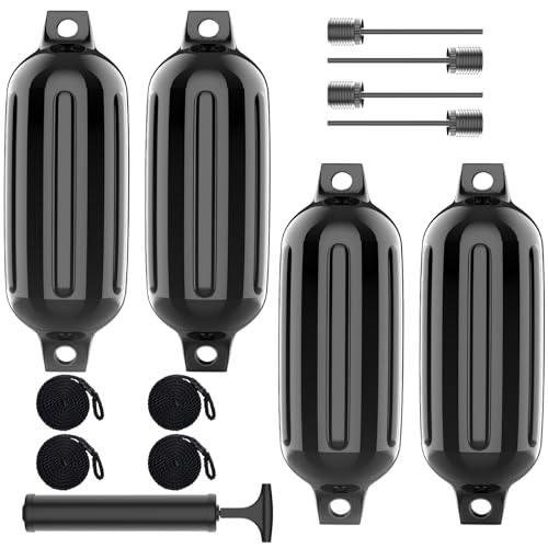 Black Boat Fenders 4 Pack with Ropes - Ribbed Twin Eye, 8.5x27 Inches