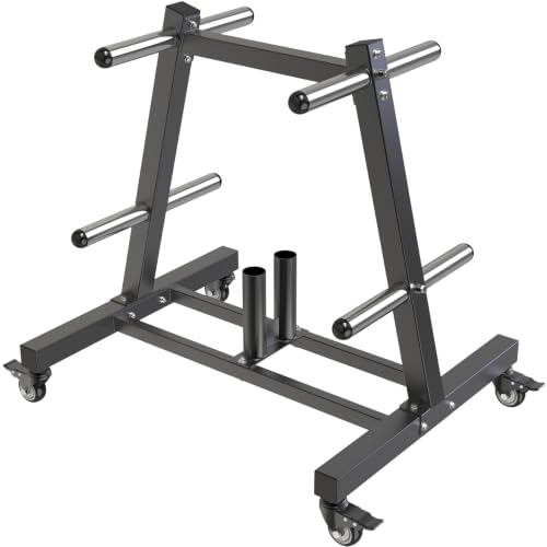 Black Olympic Weight Plate Tree Rack with Wheels - Holds 650 LBS for Home Gym