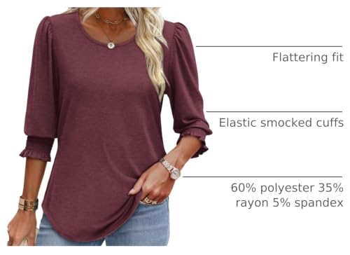 Women’s Dressy Casual Blouses with Smocked Cuffs - Burgundy, Large, 3/4 Sleeve Top