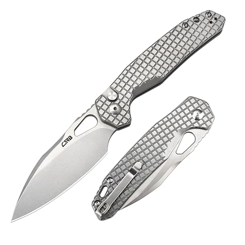 CJRB Frack Pocket Knife Stonewash/CNC, 3.9” AR-RPM9 Steel Blade, PVD Coating, Frag Pattern Handle, Locking EDC Knife for Outdoor Camping