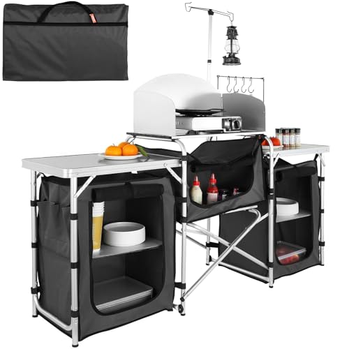 Camping Kitchen Table with Storage & Windscreen - Black, Folding Outdoor Cooking Station with Cupboard