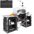 Camping Kitchen Table with Storage & Windscreen - Black, Folding Outdoor Cooking Station with Cupboard